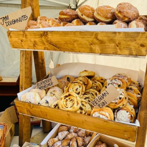 A selection of cakes and pastries at the market
